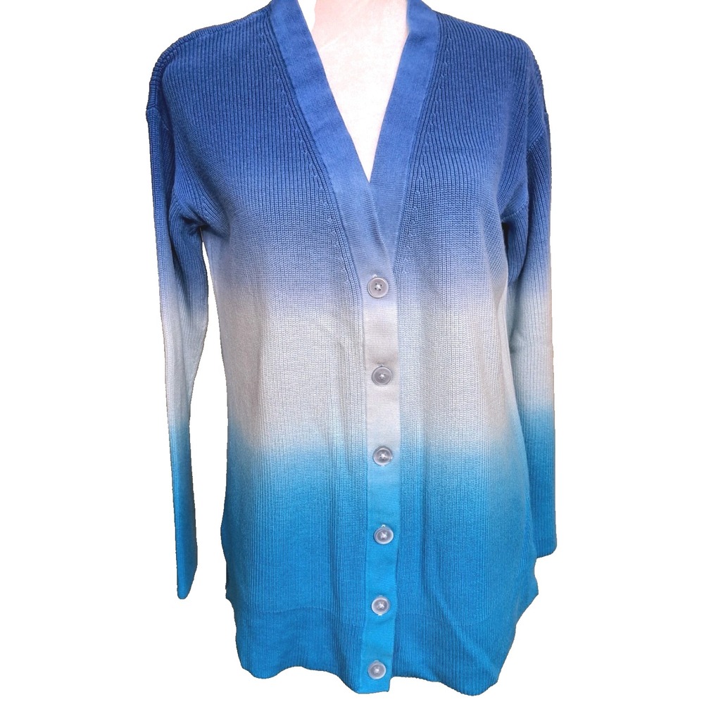 Talbots Blue Ombre Cardigan Sweater Women's Medium Cotton/Lyocell Knit V-Neck